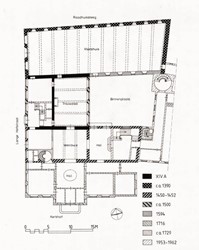 <p>Faseringsplattegrond van het stadhuiscomplex. (tek. H. Hundertmark)</p>
